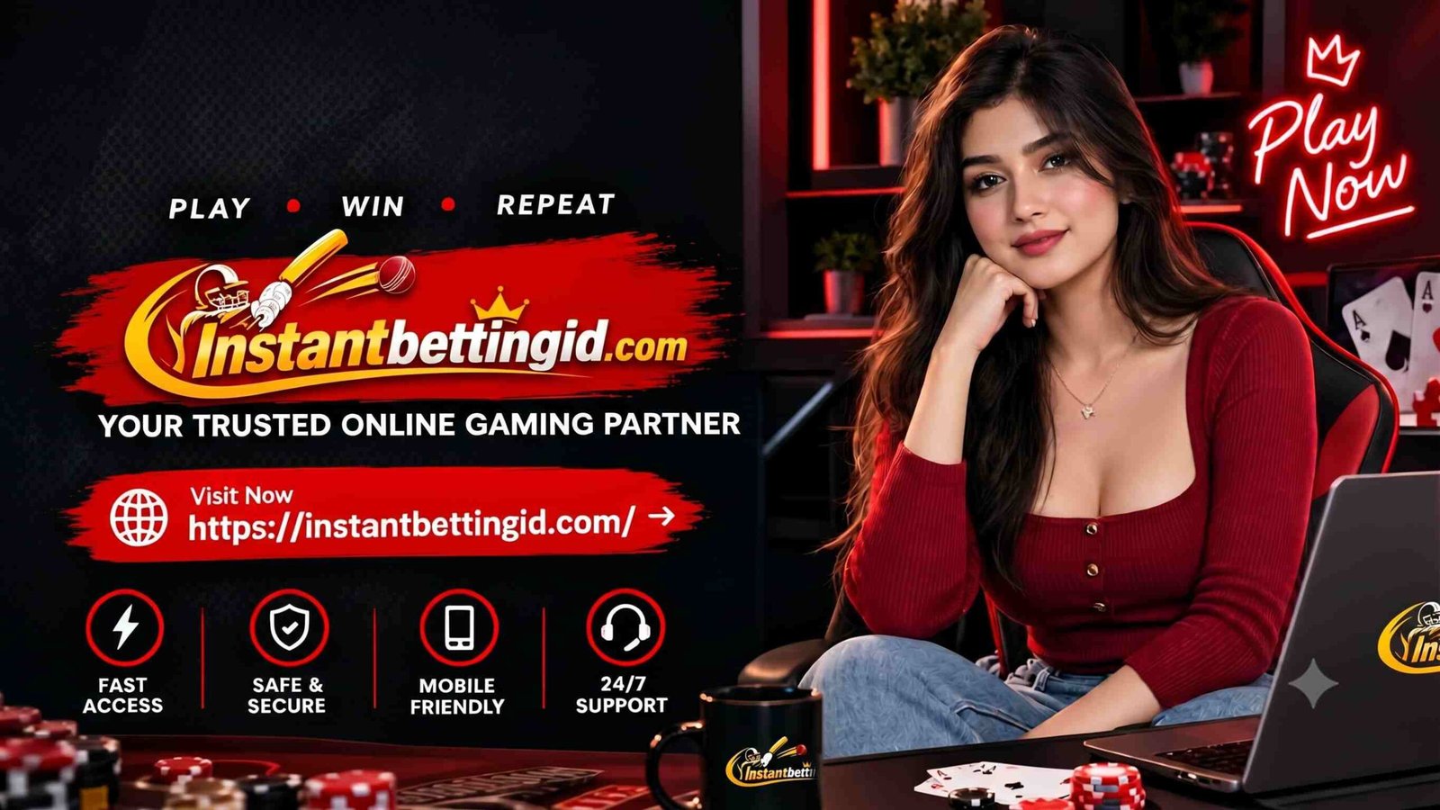 BetBhai9 promotional banner featuring a woman in a red top, online gaming graphics, playing cards, poker chips, and InstantBettingID.com website branding.